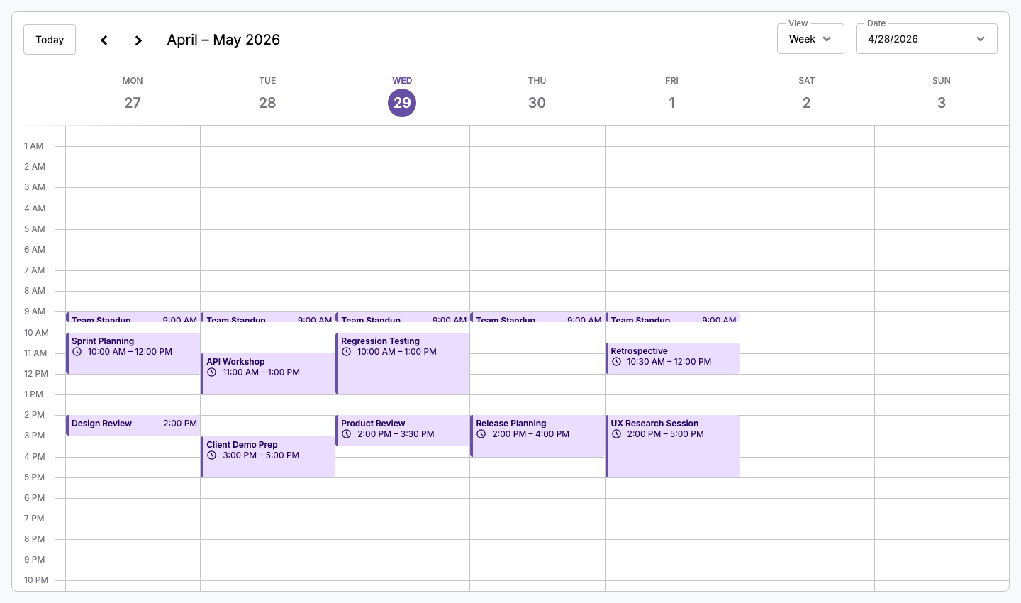 Schedule-X rendering a week view with color-coded events across April 27 to May 3, 2026